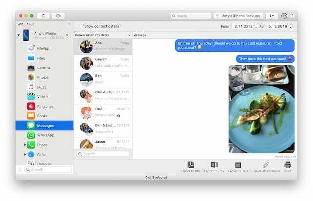 प्रिंट करने के लिए iPhone पाठ संदेशों का iMazing स्क्रीनशॉट