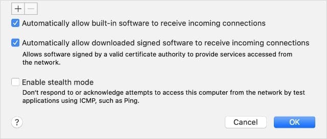 Opciones de firewall de las preferencias de seguridad y privacidad de macOS