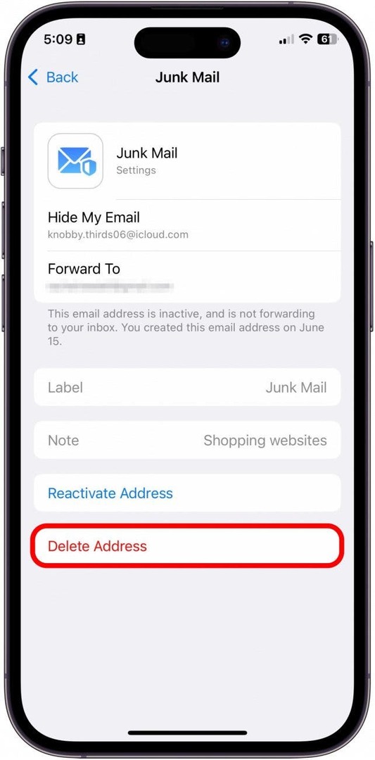 Докоснете Изтриване на адрес или, ако искате да използвате този адрес отново, можете да докоснете Повторно активиране на адреса.