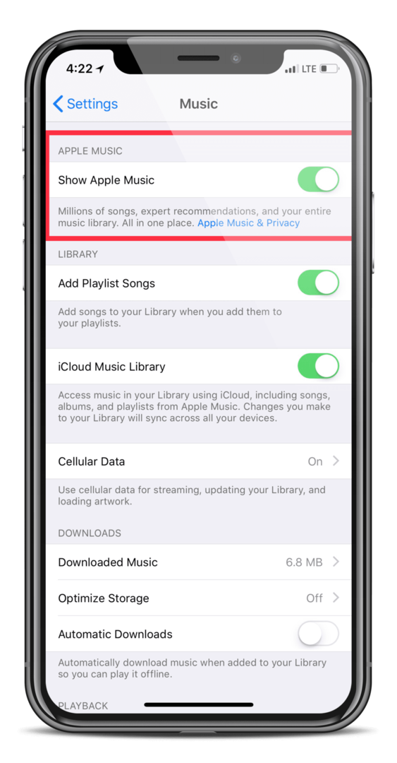 Desactivar Mostrar música de Apple