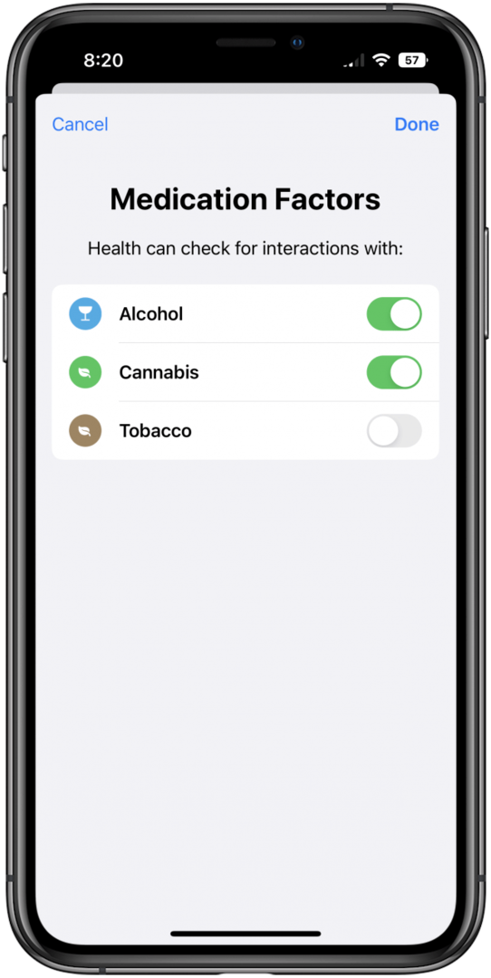 אפליקציית בריאות במסך התרופות עבור כל אזהרות האינטראקציה עם אפשרות העריכה של גורמי אינטראקציה מסומנת.