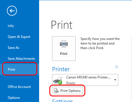 Opzioni di stampa di Outlook 2013