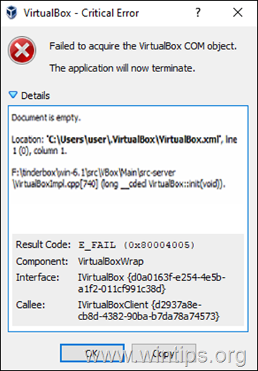 FIX VirtualBoxi dokument on tühi 0x80004005