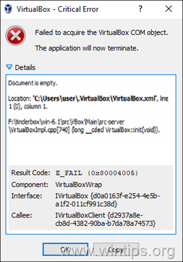 FIX VirtualBox Belgesi boş 0x80004005