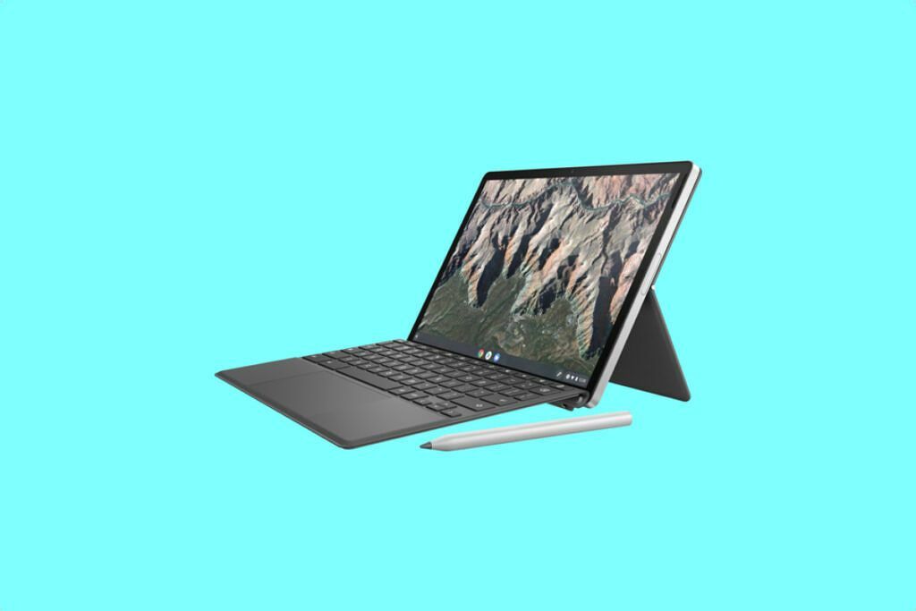 HP Chromebook x2 11 dengan latar belakang biru muda