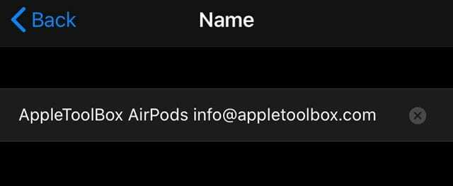 pievienojiet e-pasta adresi vai tālruņa numuru savam AirPods nosaukumam