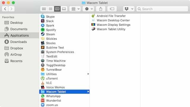Wacom დრაივერი Applications საქაღალდეში.