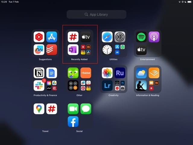 Posnetek zaslona, ​​ki prikazuje nedavno dodane aplikacije za iPad