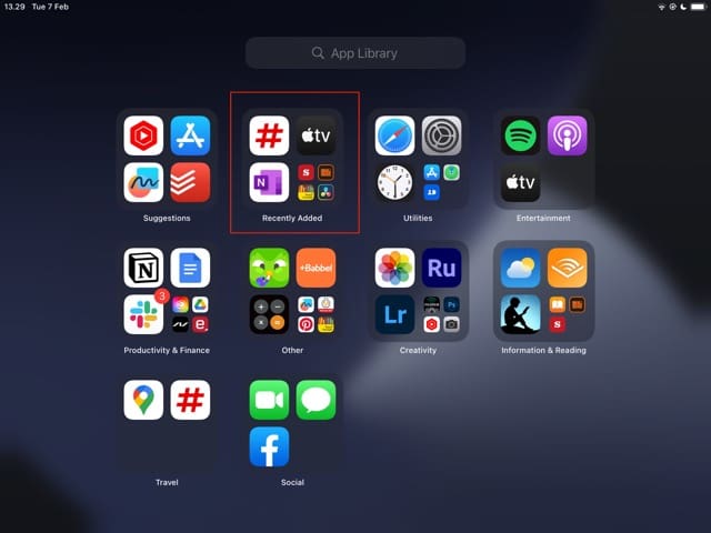 Captura de pantalla que muestra las aplicaciones de iPad añadidas recientemente