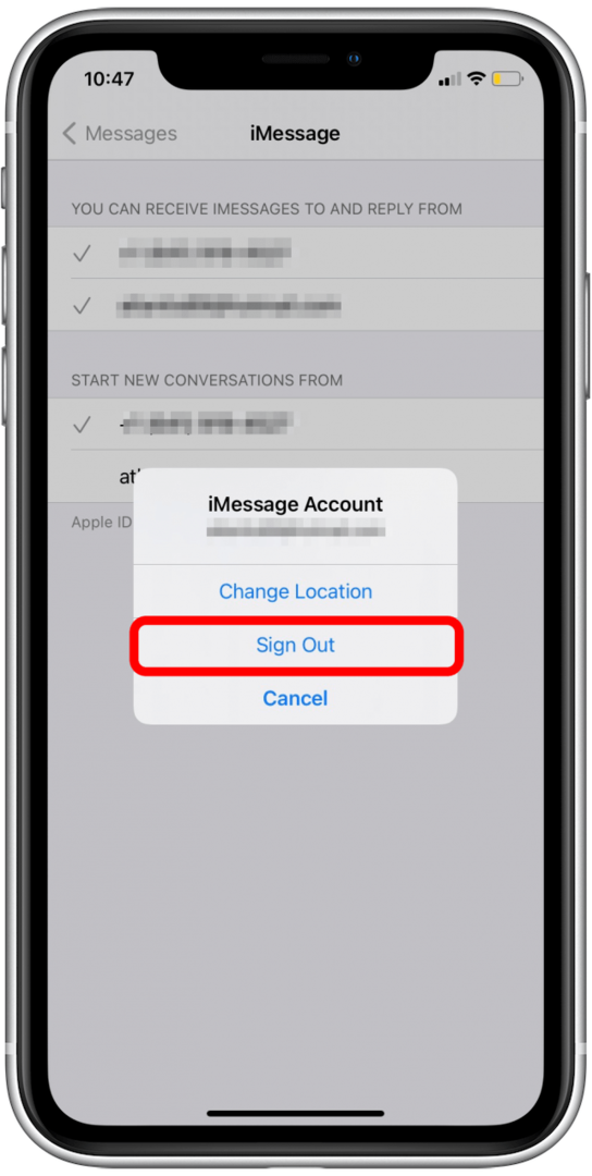 Bakstelėkite Atsijungti, kad iš naujo nustatytumėte „Apple ID“ ir „iMessage“ aktyvinimo klaidą