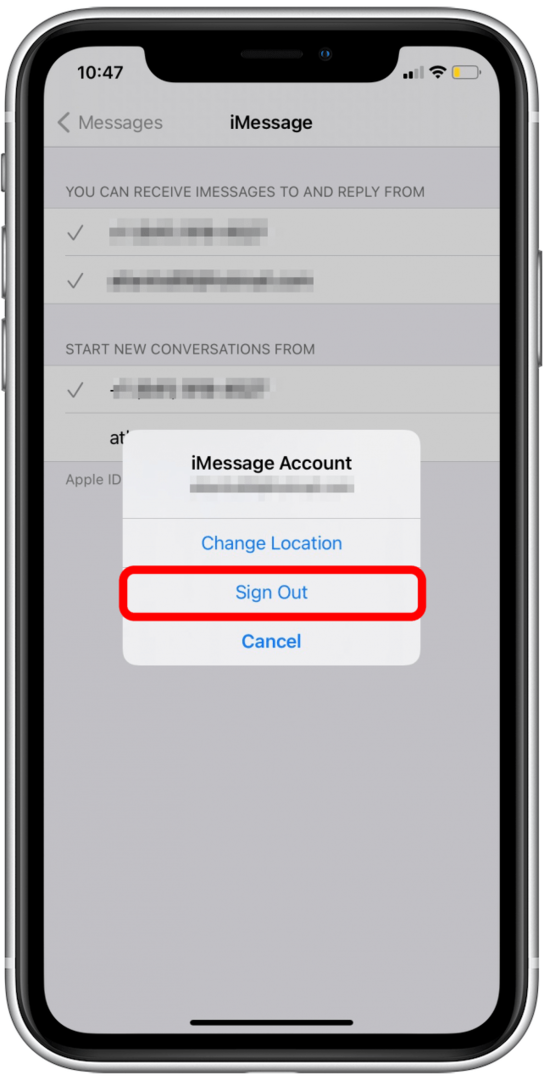 로그아웃을 눌러 Apple ID 및 iMessage 활성화 오류를 재설정합니다.