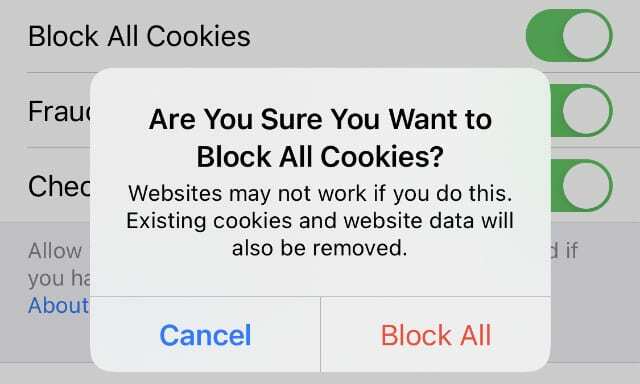 Možnost Blokiraj vse piškotke v nastavitvah Safarija na iPhoneu