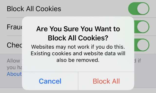 Параметр «Блокировать все файлы cookie» в настройках Safari на iPhone