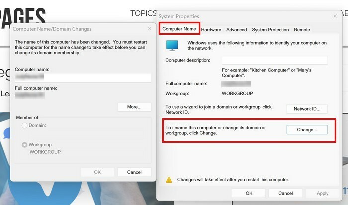 Właściwości systemu Zmień nazwę Komputer z systemem Windows 11