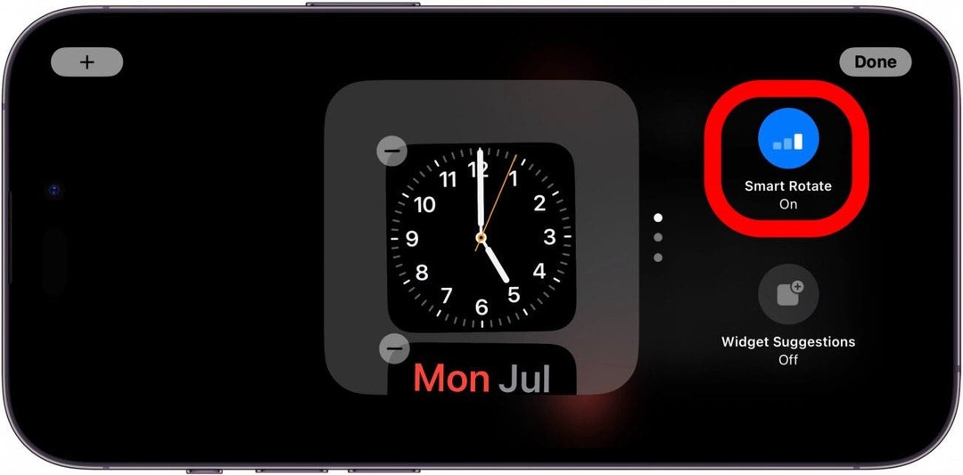 tela de widgets de espera do iphone com opção de rotação inteligente circulada em vermelho