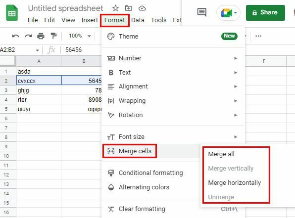 Google Sheets უჯრედების გაერთიანება