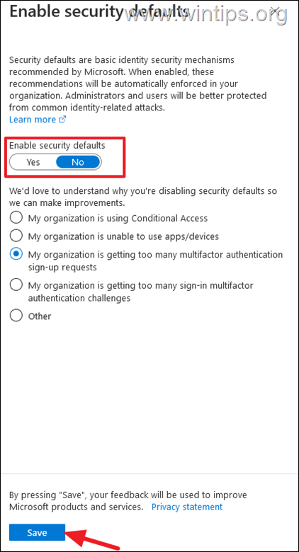 Onemogoči privzete varnostne nastavitve Microsoft 365