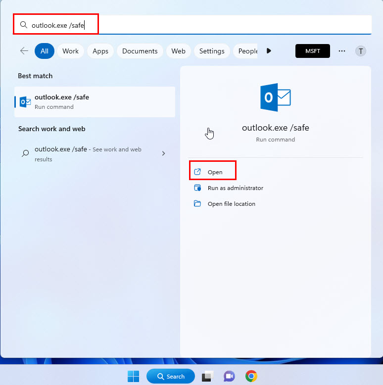 Как открыть Outlook в безопасном режиме с помощью консоли поиска Windows