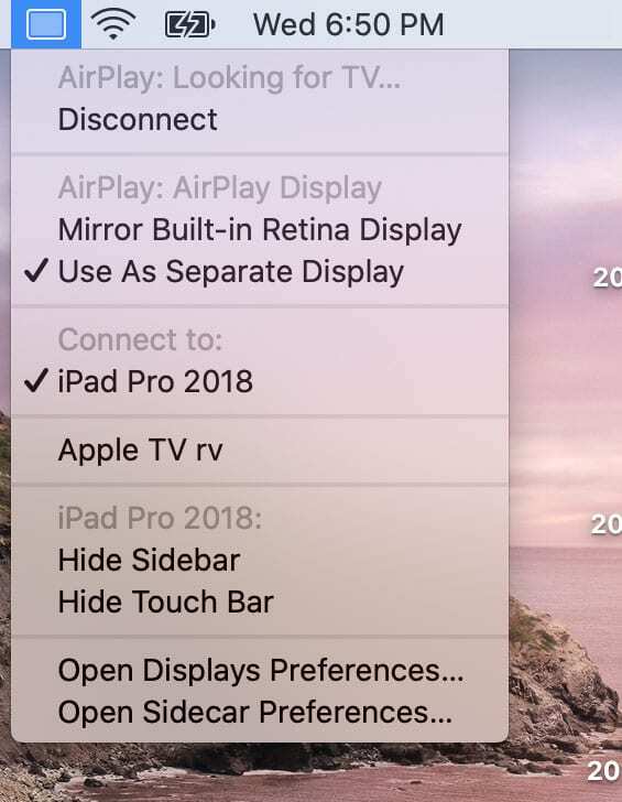 Sidecar airplay meniu parinktys iPad