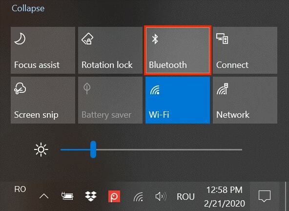 Zapněte Bluetooth v systému Windows 10 prostřednictvím Centra akcí