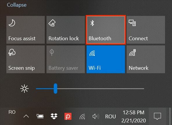 Ligue o Bluetooth no Windows 10 por meio da Central de ações