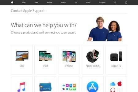 Captura de pantalla de la página de bienvenida del sitio web de soporte técnico de Apple