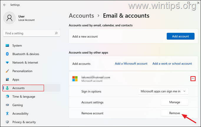 Odebrat účet Microsoft Windows 11