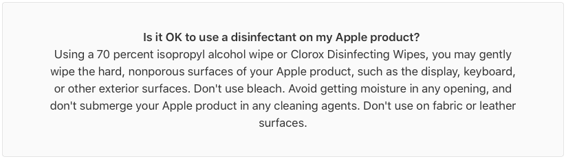 Apple-advarsel for bruk av desinfeksjonsmidler med Apple-produkter