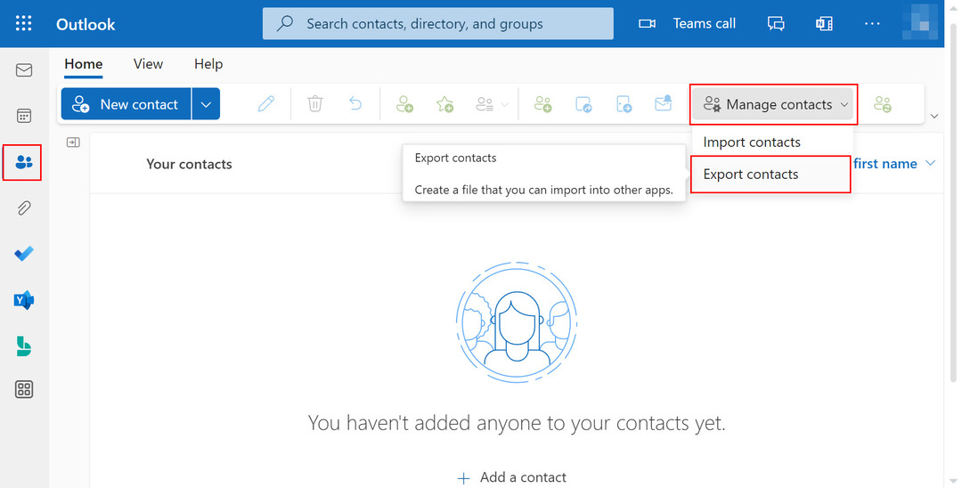 Sur Outlook Web, sélectionnez Contacts, puis vous verrez Gérer les contacts