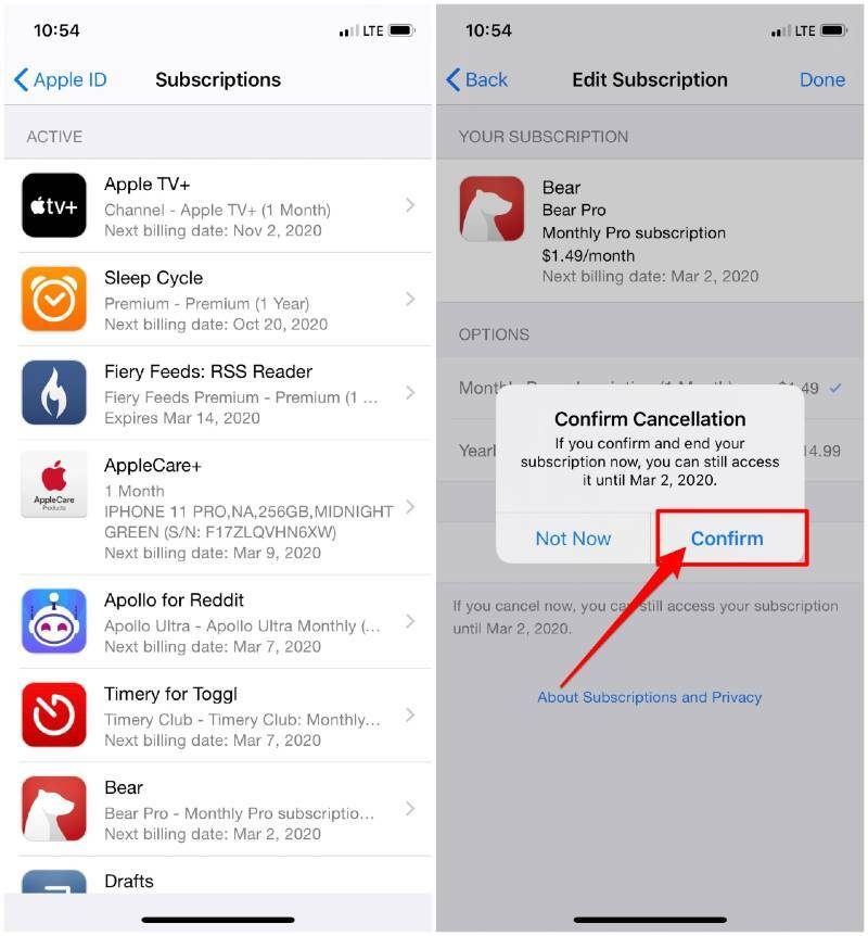 Gestisci gli abbonamenti dall'app Impostazioni iPhone