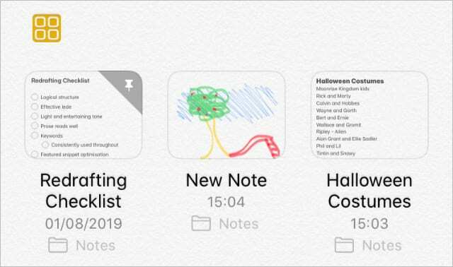 Galerijas skats programmā Notes operētājsistēmā iPadOS un iOS 13