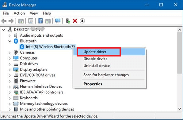 Velg Oppdater driveralternativ for å oppdatere Bluetooth-driver Windows 10