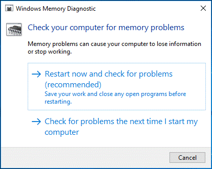 Выберите Перезагрузить сейчас и проверьте наличие проблем с помощью диагностики памяти Windows.