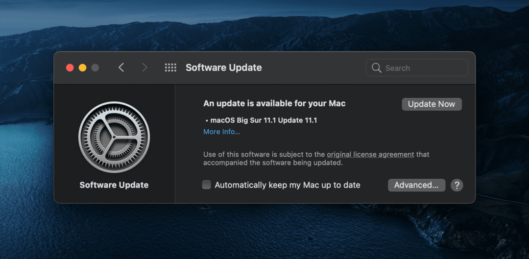 Aggiornamento software disponibile macOS Big Sur