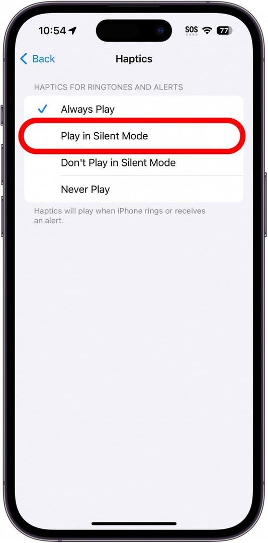 iPhone-haptiekinstellingen met afspelen in de stille modus, rood omcirkeld