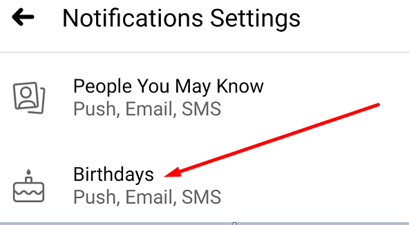 configurações de notificação de aniversário do Facebook