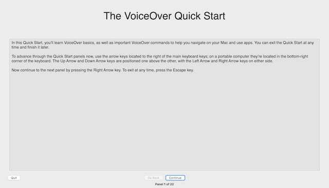 Finestra di avvio rapido di VoiceOver.