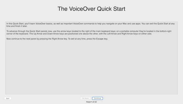 Fenêtre de démarrage rapide de VoiceOver.