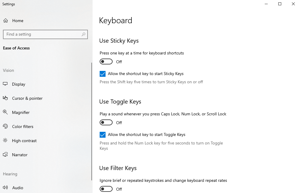 Stellen Sie sicher, dass der Status von Filtertasten, Umschalttasten und Sticky Keys alle auf Aus gestellt ist