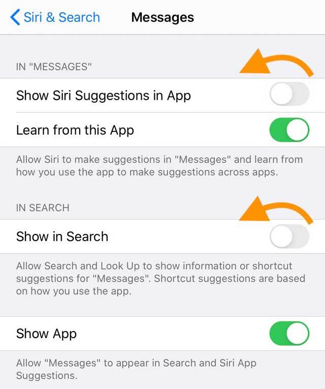 메시지 앱의 Siri 및 검색 옵션