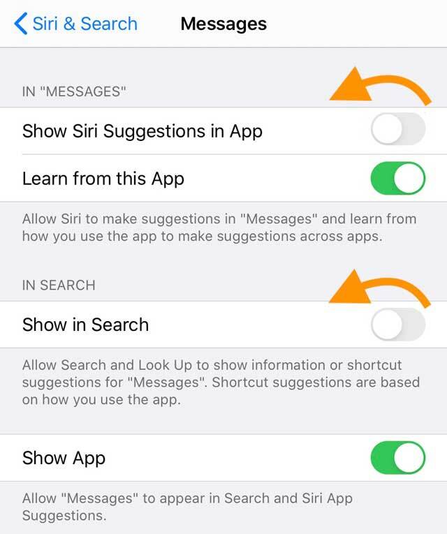 siri e opzioni di ricerca per l'app Messaggi