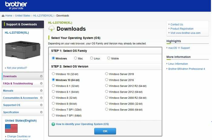 Velg Windows OS for Brother-skriverdriver