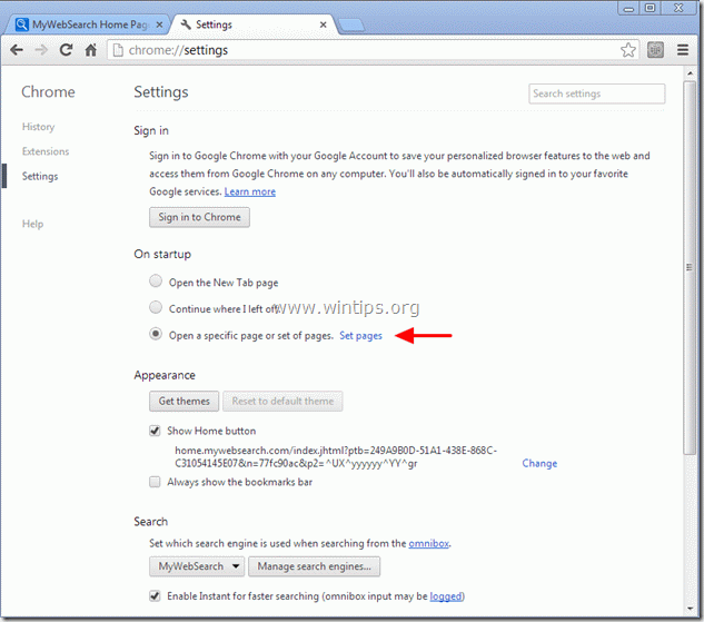 удалить Chrome с домашней страницы mywebsearch