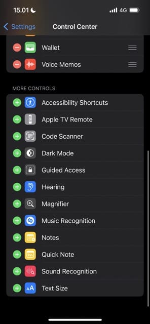 Képernyőkép, amely az iOS További vezérlők szakaszát mutatja