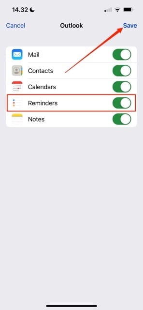 Snímka obrazovky prepínača pripomenutí pre iOS
