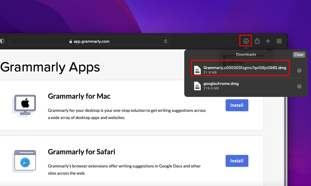 Otevřete aplikaci Grammarly pro Mac ve složce Stahování v Safari
