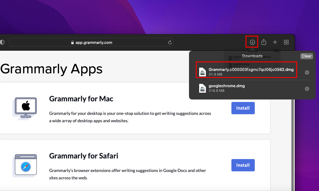 Acesse o aplicativo Grammarly for Mac na pasta Downloads do Safari