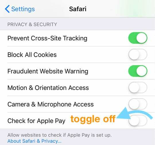 ปิดการตรวจสอบ Safari สำหรับ Apple Pay บน iPhone iPad