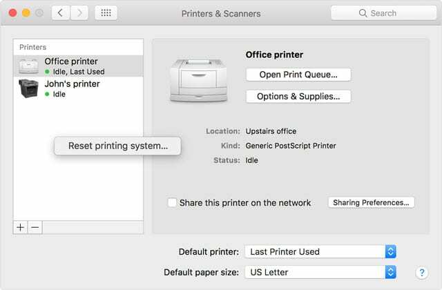 iš naujo nustatykite spausdinimo sistemą naudodami „Mac“.