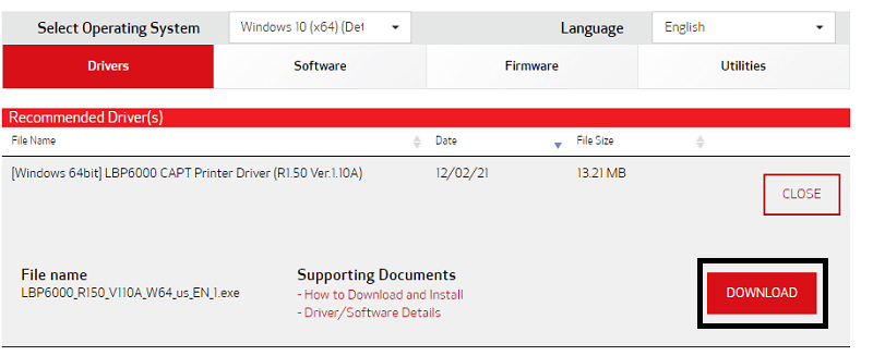 לחץ על הכפתור כדי להוריד את Canon LBP6000